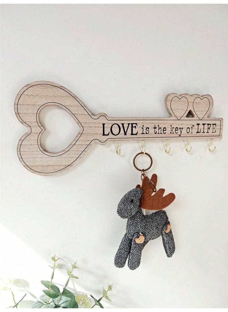 1 Brown Love Is the Key of Life Wall Key Holder – Wooden Key-Shaped Wall Decor with Hooks – Rustic Home Entryway Key Rack – Romantic House Organizer - Image 4
